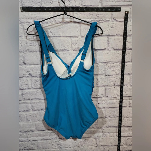 DKNY Ruffle Plunge Underwire Tummy Control One-Piece Swim Vibrant Blue Size 18 - Picture 3 of 10